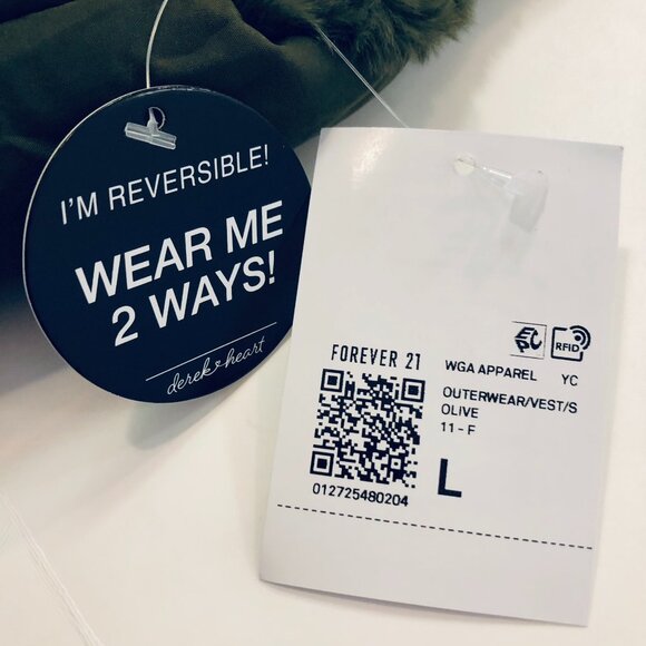 Forever 21 Zip Up Puffer Vest Jacket 2 Way Reversible Plush Trim Size L Green - Picture 13 of 16